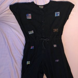 Vintage Black Cotton Jumpsuit with Patches